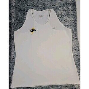 Woman white Under Armour athletic tank top with a custom team logo. Size XL